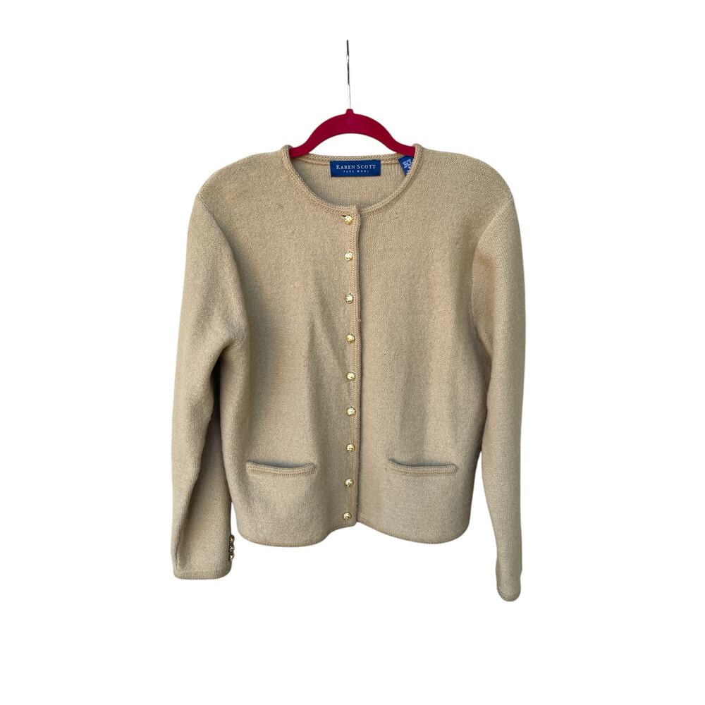 Karen Scott Wool Cardigan Size M Sweater Beige Gold Button Classic Long Sleeve